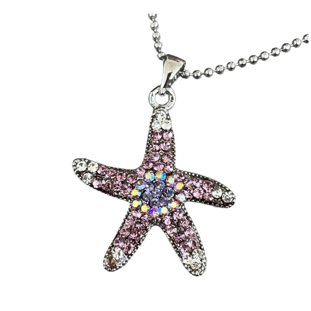 New Starfish Pendant Necklace Pink AB Crystal Silver Tone Nautical - 4P